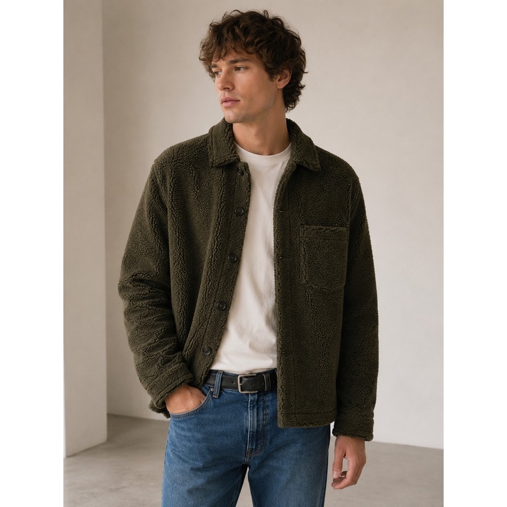 Zara Teddy Fleece Shirt Jacket Olive Green Button Front Overshirt Mens Size S- M